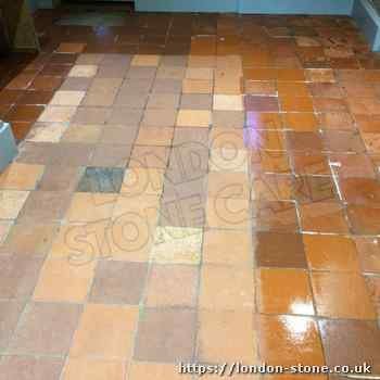 ugly quarry tile sealer residues in London London quarry tile floors that have ugly saler residues