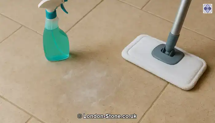 Limestone tiles dulled and etched by strong cleaners and steam mopping.