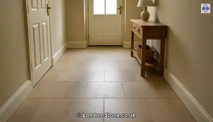 Limestone hallway in Buckinghamshire showing grey traffic lanes and lighter edges.