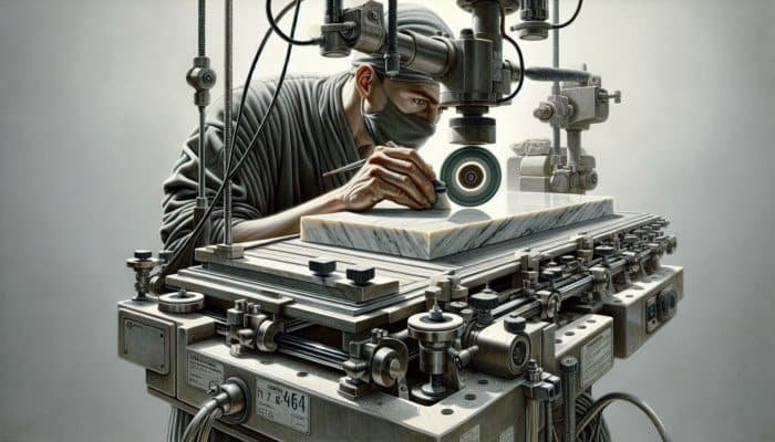 An artisan honing a marble slab with a machine, using diamond abrasives for a satin finish.