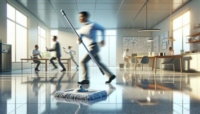 A modern spray mop cleaning a stone floor, showcasing ease and efficiency in a busy household.