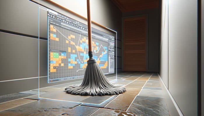 A high-quality microfiber mop head cleaning a stone floor, reaching corners and trapping dirt.