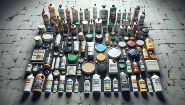 A variety of sealant bottles on a stone floor, showing different textures and uses.