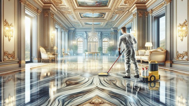 A professional cleaning a luxurious stone floor in a grand London home, enhancing its natural beauty.