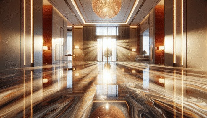 A sparkling travertine floor in a luxurious home entryway, enhancing the space's inviting atmosphere.