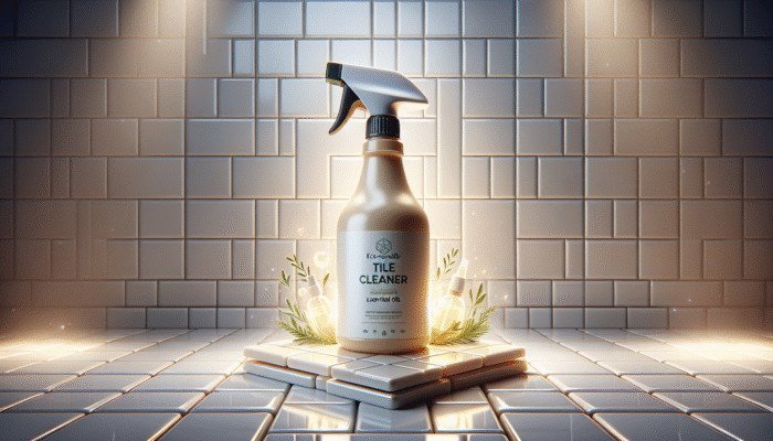 Eco-friendly tile cleaner spray bottle with essential oils, enhancing home atmosphere, surrounded by neat tiles.