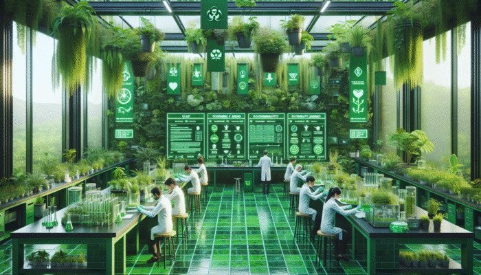Green-themed lab with scientists developing plant-based tile cleaners, surrounded by plants and clean tiles.