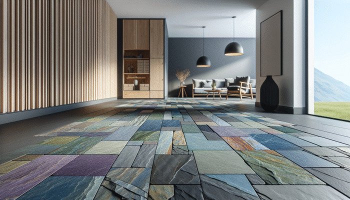 Welsh slate flooring in a modern UK home, displaying a range of deep blues, purples, greens, and greys.