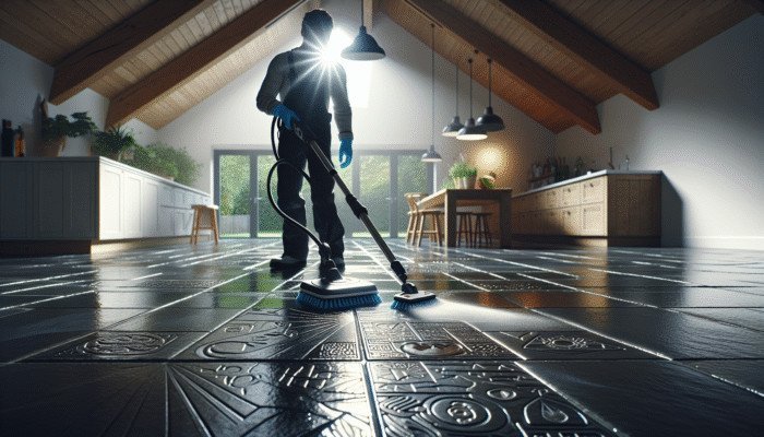 A person cleaning a UK slate floor with eco-friendly products, showcasing the floor's natural sheen in a modern home.