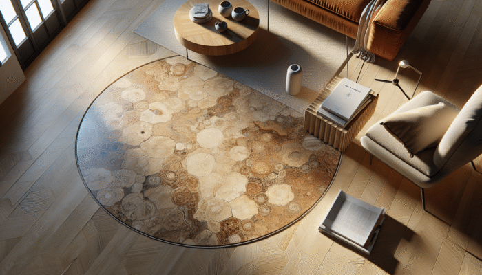 Close-up of travertine flooring with warm, earthy tones and intricate textures in a modern living room.
