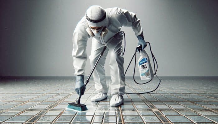Person in protective gear spraying grout cleaner and scrubbing with a stiff-bristled brush on tiled floor.