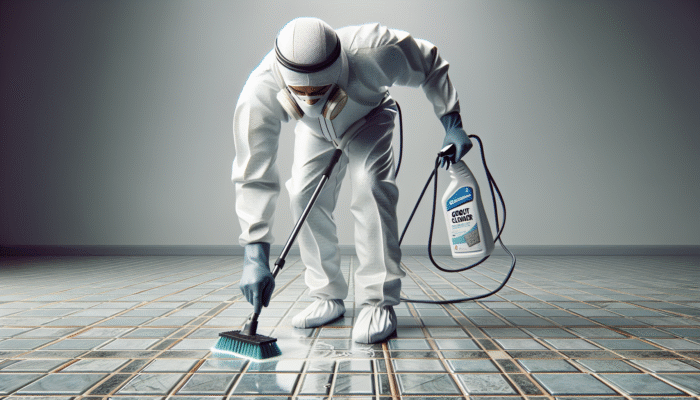 Person in protective gear spraying grout cleaner and scrubbing with a stiff-bristled brush on tiled floor.