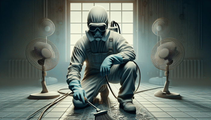 Person cleaning grout with safety gear in a well-ventilated room.