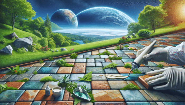 Eco-friendly sealant on stone tiles amidst greenery and clear skies, symbolizing minimal environmental impact.