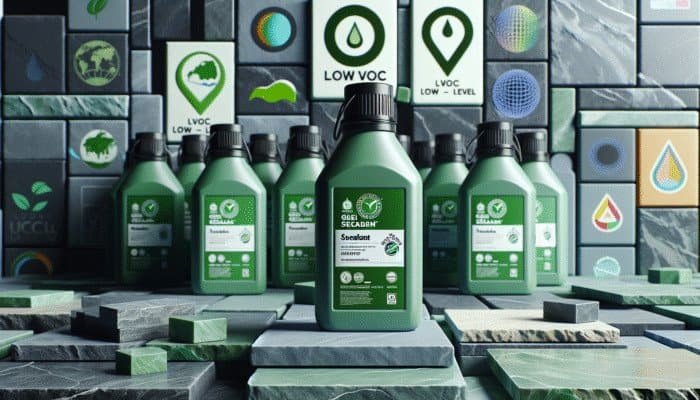 Bottles of eco-friendly sealants on limestone, slate, and granite, with Green Seal and EcoLabel certifications and low VOC indicators.