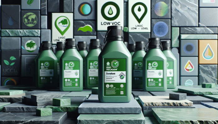 Bottles of eco-friendly sealants on limestone, slate, and granite, with Green Seal and EcoLabel certifications and low VOC indicators.