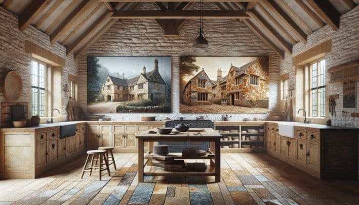 UK stone varieties: limestone in Cotswold cottage, sandstone on historic building, granite in modern kitchen.