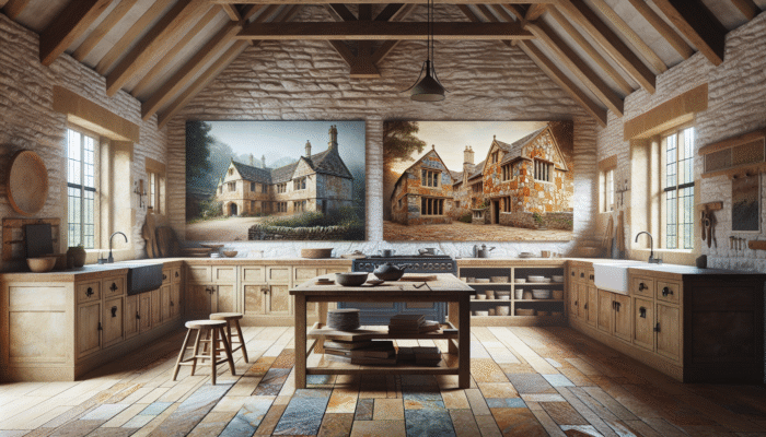 UK stone varieties: limestone in Cotswold cottage, sandstone on historic building, granite in modern kitchen.