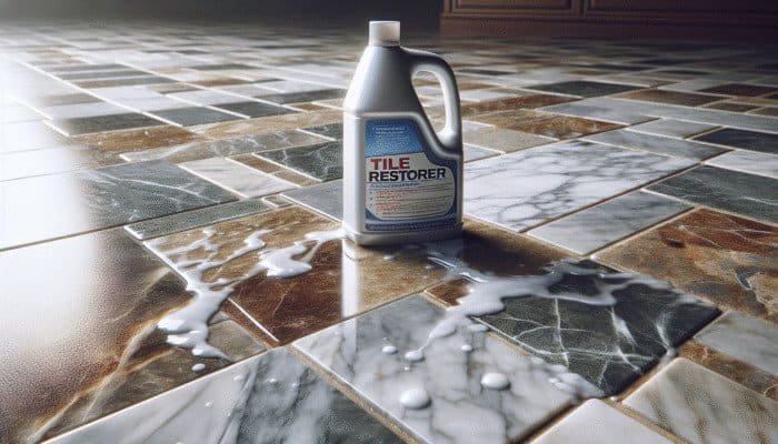 Bottle of Lithofin KF Tile Restorer on a natural stone floor, cleaning various stone types.
