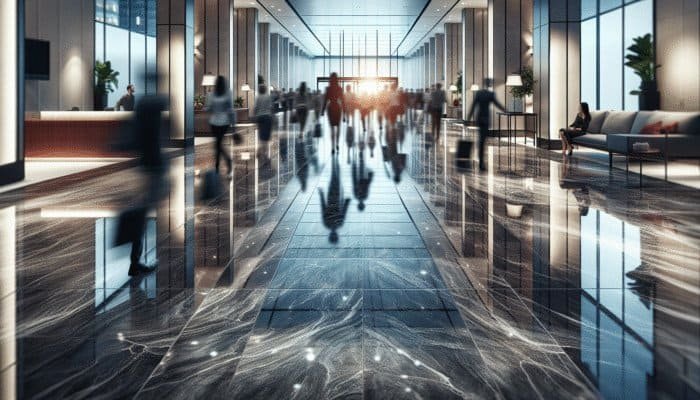 High-gloss stone floor reflecting light, polished with AKEMI Crystal Clean, in a well-lit home entryway.