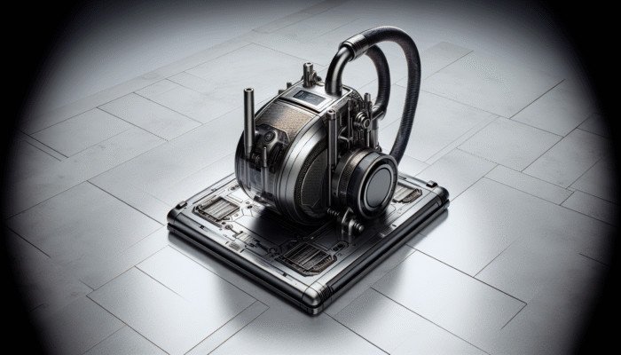 Dyson V11 on stone flooring, adjusting suction, HEPA filtration capturing dust and allergens.