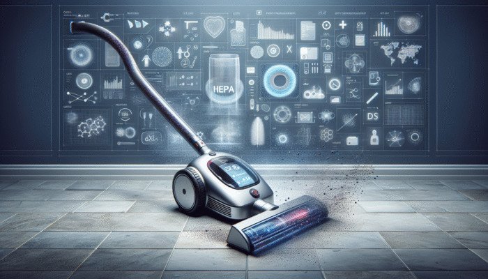 A modern vacuum with HEPA filter capturing dust and allergens on stone floor for a healthy home.