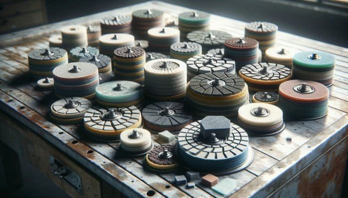Variety of polishing pads on workbench for stone floors, including diamond and resin types.