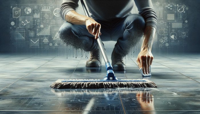 Person cleaning stone floor with pH-neutral cleaner and mop, removing dust and grime for polishing.