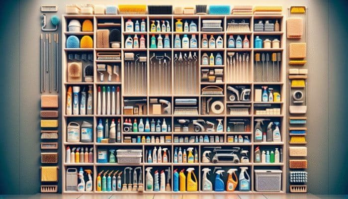 Assorted tile cleaning kits on a shelf, from basic to advanced, for various tile types.