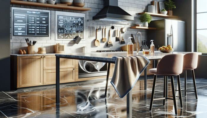 Microfiber cloth cleaning kitchen surfaces, effective on granite, marble, wood, glass, and metal, streak-free.