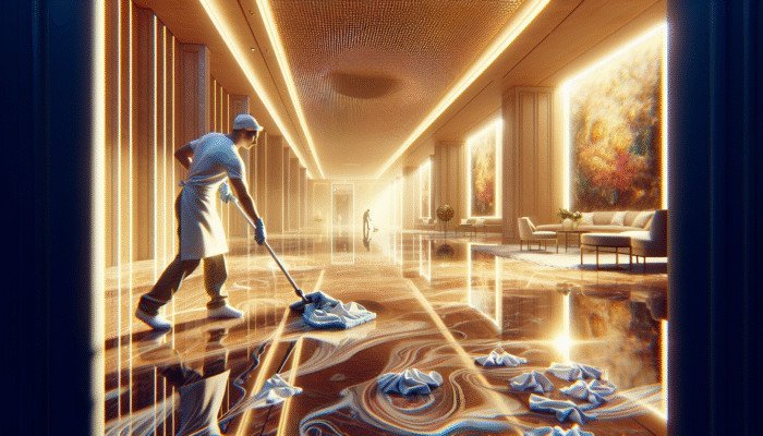 A person using a damp microfiber cloth to gently clean a luxurious marble floor in an elegant room.