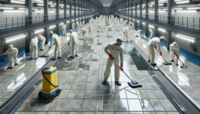 Industrial cleaners removing stains from stone tiles, showing before-and-after results in a modern facility.