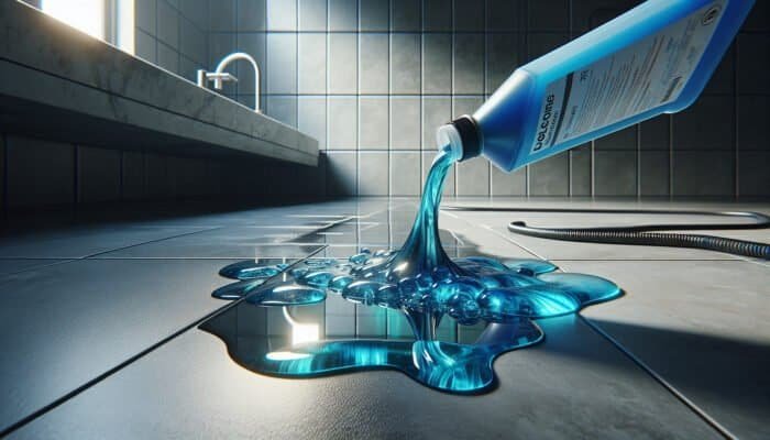 Bottle of industrial cleaner pouring blue liquid onto glossy stone tile, cleaning stains in modern bathroom.
