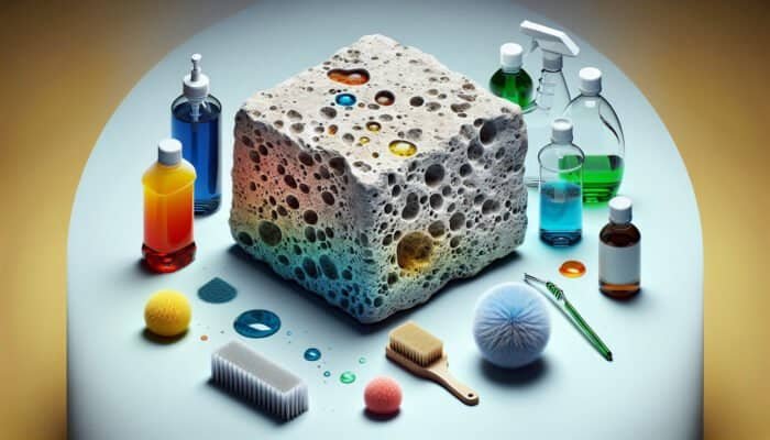 Close-up of travertine stone absorbing colorful liquids, showing pores and cleaning tools.