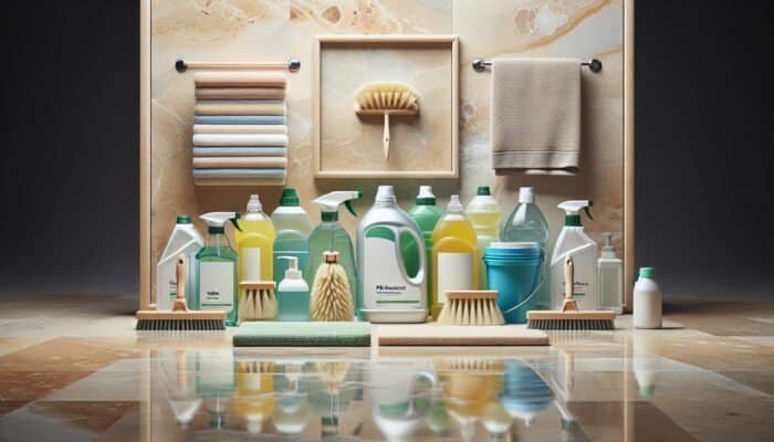 Cleaning supplies on travertine floor, including pH-neutral cleaners, soft brushes, and microfiber cloths.