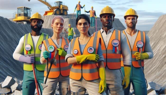 Professional cleaning team in high-visibility vests working in a UK quarry, displaying ISO certification logos.