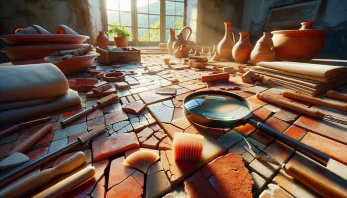 Close-up of terracotta tiles showing cracks, chips, and stains, with magnifying glass and cleaning tools in a rustic, sunlit room.