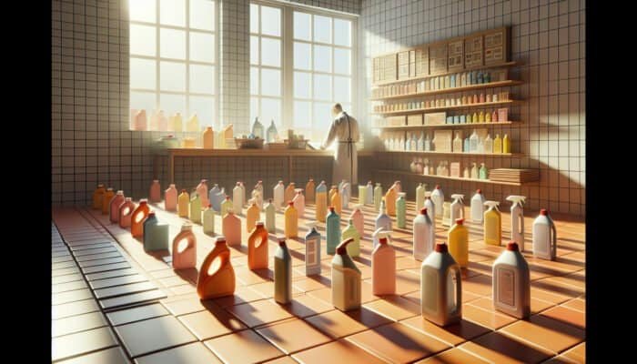 Cleaning products on a table beside terracotta tiles, person checking labels in a bright room.