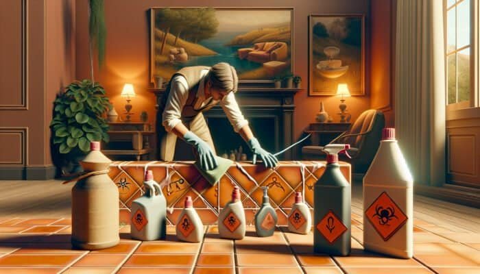Person cleaning terracotta tiles with eco-friendly cleaner, avoiding acidic and abrasive substances.
