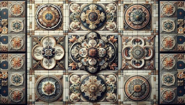 Victorian tiles from mid-19th century UK, showcasing intricate designs and traditional craftsmanship in various spaces.