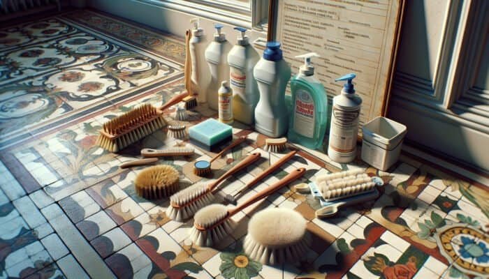 Soft-bristled brushes, gentle scrubbers, and mild solutions on ornate Victorian tile floor in UK home.
