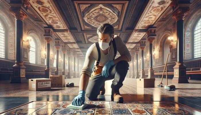 A person in gloves, knee pads, and mask cleaning Victorian tiles in a vintage room.