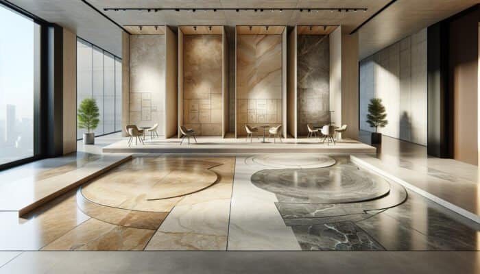 Three types of travertine flooring: honed, filled, and tumbled, in a modern interior setting.