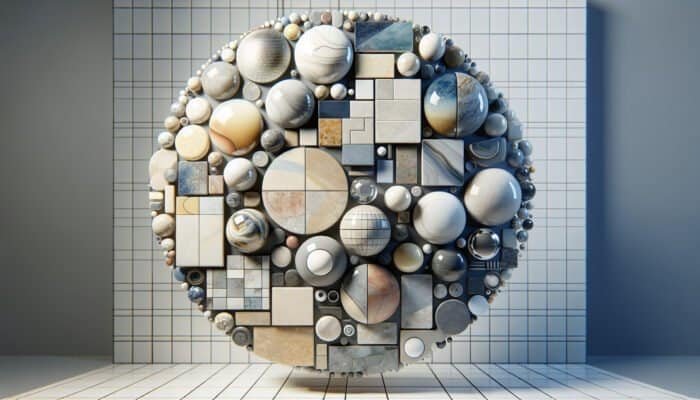 Various porcelain tiles: glazed, glossy and water-resistant; unglazed, natural texture; polished, smooth and reflective, in a high-traffic area.