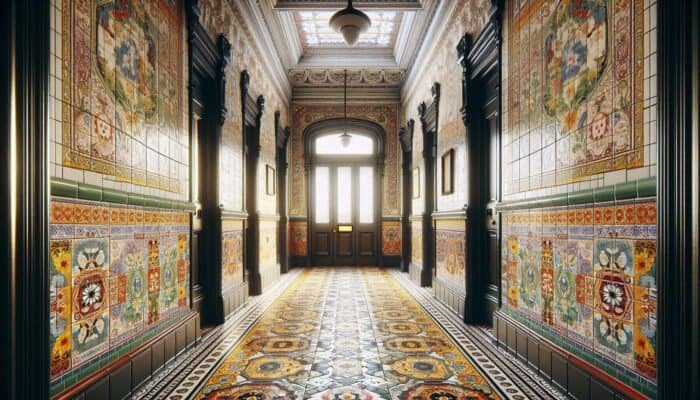 Victorian hallway with vibrant, intricate encaustic tile patterns, showcasing 19th-century British craftsmanship.