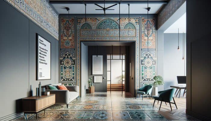 A modern living room with Victorian tiled hallway, blending past and present designs.