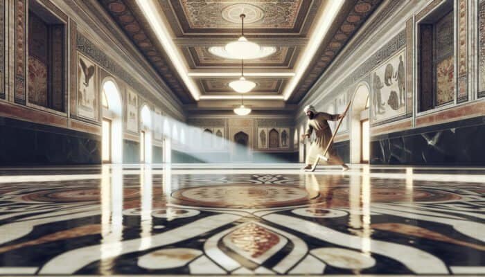 A person cleaning a pristine terrazzo floor in a historic Hadley building, enhancing its charm and safety.