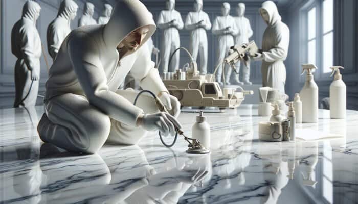 A technician expertly restores Calacatta marble with eco-friendly solutions and advanced equipment in Cricklewood.