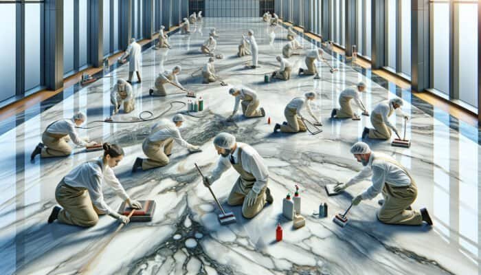 Illustration of professionals meticulously cleaning marble to enhance shine and longevity.