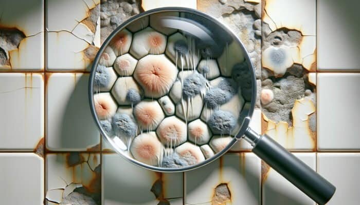 Close-up of discolored, cracked, and moldy tile grout in a UK bathroom, with a magnifying glass.